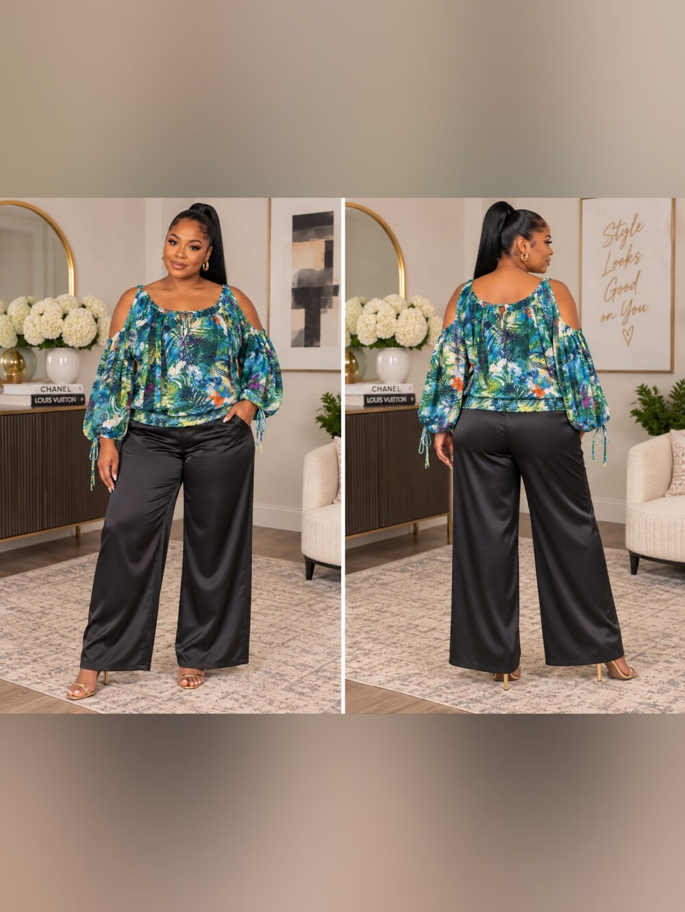 Plus Size Tropical Print Cold Shoulder Tie-Sleeve Blouse